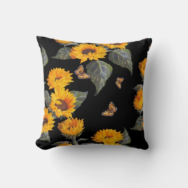 Sunflowers & Butterflies: Watercolor Black Backgro Cushion (Front)