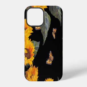 Sunflowers & Butterflies: Watercolor Black Backgro iPhone 12 Case