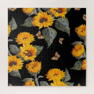 Sunflowers & Butterflies: Watercolor Black Backgro Jigsaw Puzzle