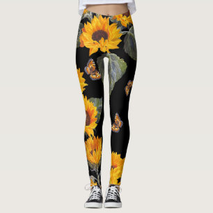 Sunflowers & Butterflies: Watercolor Black Backgro Leggings