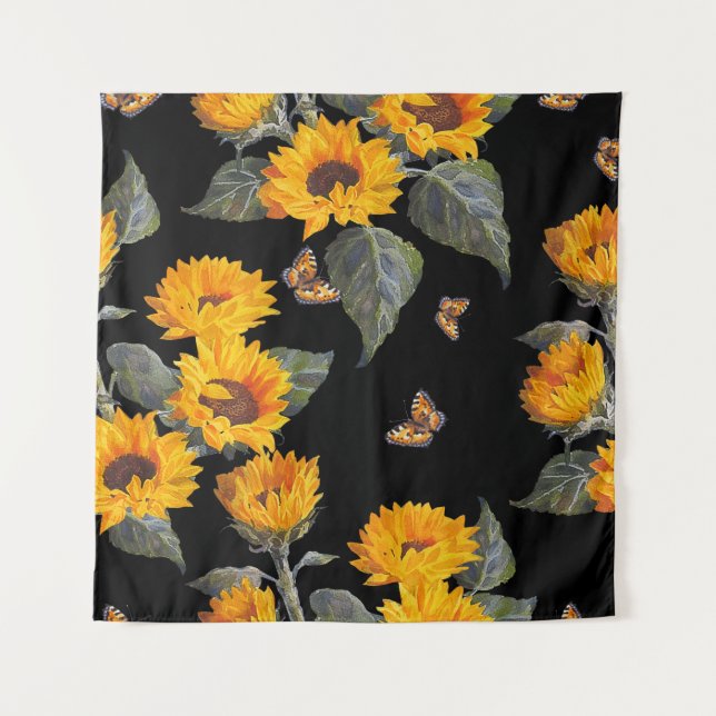 Sunflowers & Butterflies: Watercolor Black Backgro Tapestry (Front)