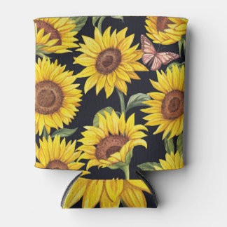 Sunflowers, butterflies, watercolor black backgrou can cooler