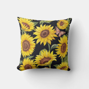 Sunflowers, butterflies, watercolor black backgrou cushion