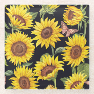 Sunflowers, butterflies, watercolor black backgrou glass coaster