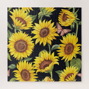 Sunflowers, butterflies, watercolor black backgrou jigsaw puzzle