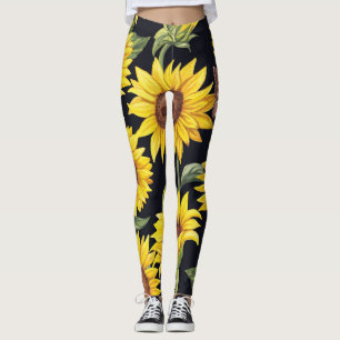 Sunflowers, butterflies, watercolor black backgrou leggings