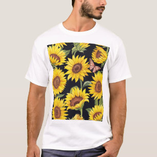 Sunflowers, butterflies, watercolor black backgrou T-Shirt