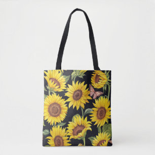 Sunflowers, butterflies, watercolor black backgrou tote bag