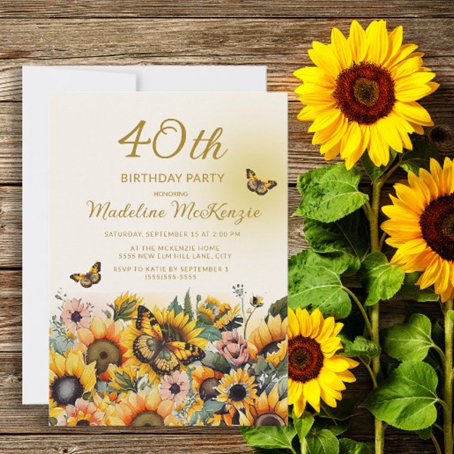 Sunflowers Butterflies Women's 40th Birthday Party Invitation (Creator Uploaded)