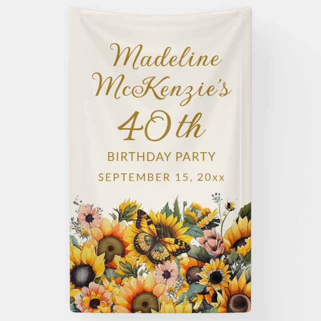 Sunflowers Butterfly Women's 40th Birthday  Banner (Vertical)