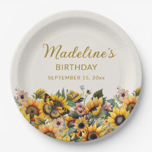 Sunflowers Butterfly Women's Birthday Paper Plate
