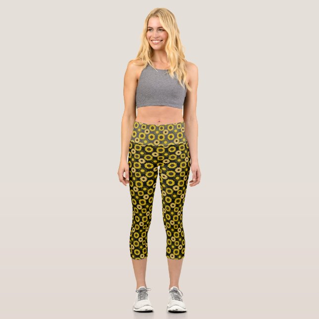 Sunflowers bx4 Black BG Capri Leggings (Front)