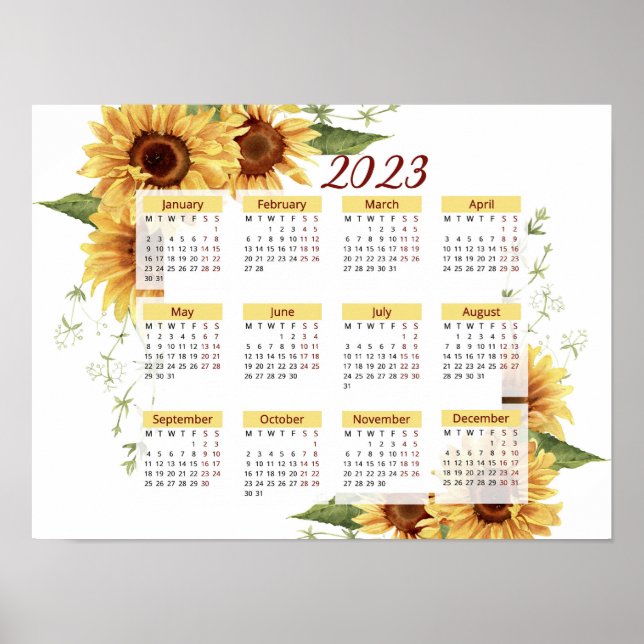 Sunflowers Calendar, 2023 Calendar, Yearly, Monday Poster (Front)