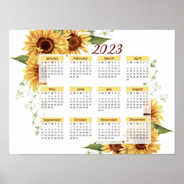 Sunflowers Calendar, 2023 Calendar, Yearly Poster (Front)