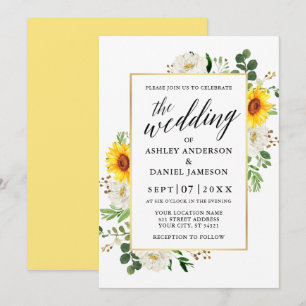 Sunflowers Calligraphy White Floral Wedding Invitation