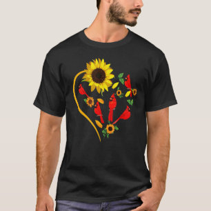 Sunflowers Cardinal Birds Cute Heart Shape Funny B T-Shirt