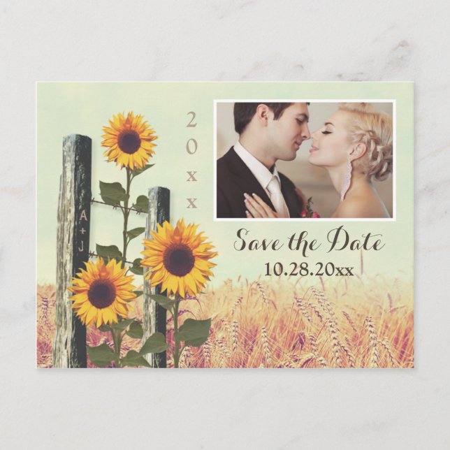 Sunflowers Carved Fence Save the Date Postcards (Front)