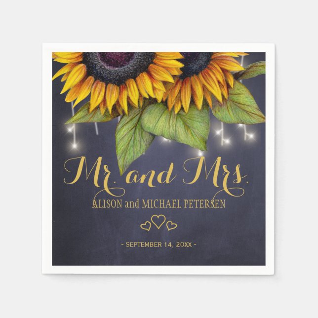 Sunflowers chalkboard mr and mrs script wedding napkin (Front)