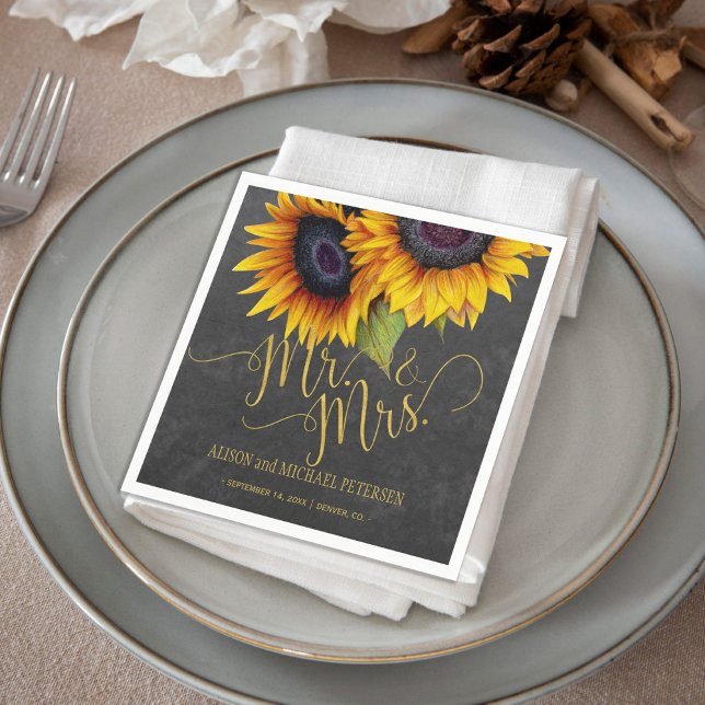 Sunflowers chalkboard mr and mrs script wedding napkin (Creator Uploaded)