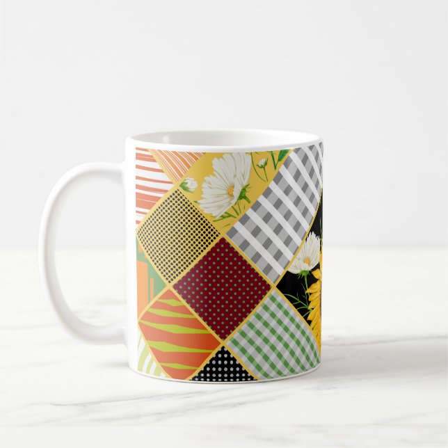 Sunflowers Chamomile, Patchwork Watercolor. Coffee Mug (Left)