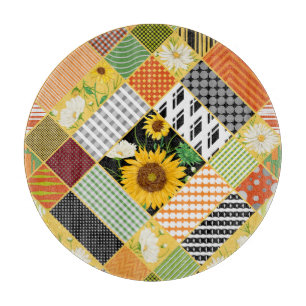 Sunflowers Chamomile, Patchwork Watercolor. Cutting Board