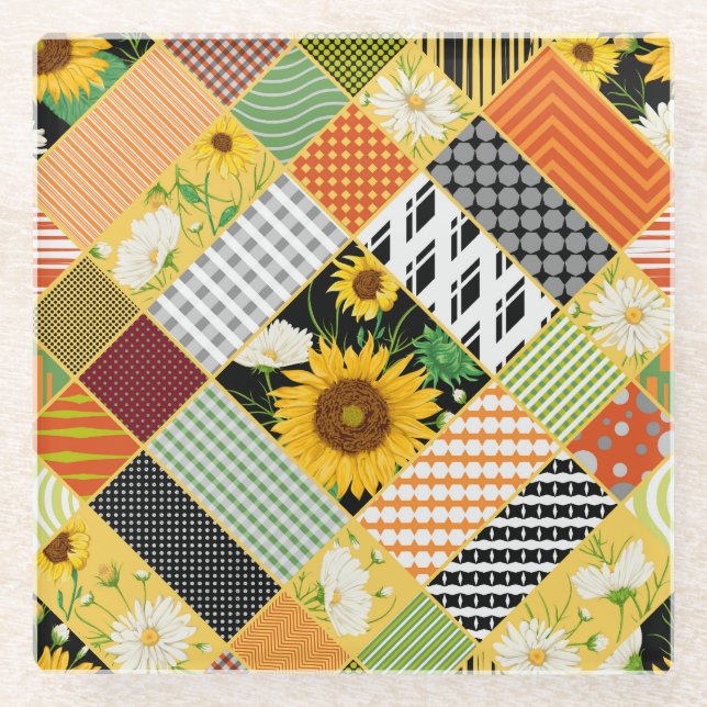 Sunflowers Chamomile, Patchwork Watercolor. Glass Coaster (Front)