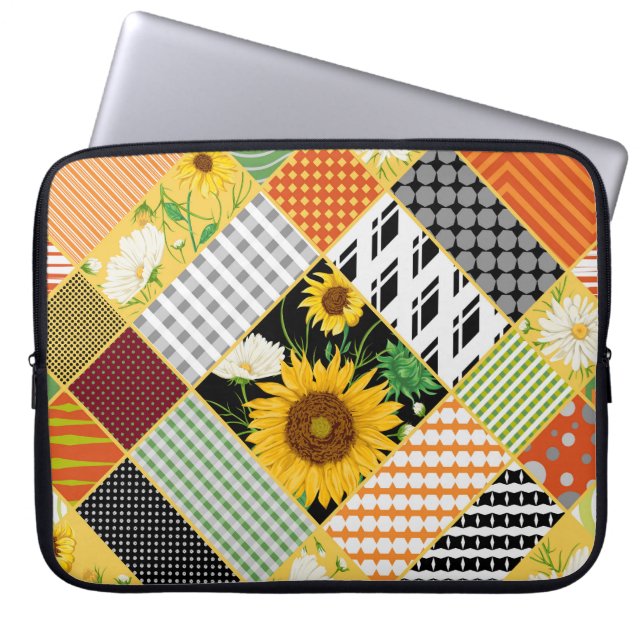 Sunflowers Chamomile, Patchwork Watercolor. Laptop Sleeve (Front)
