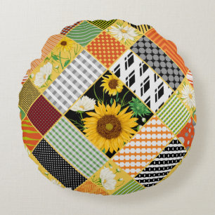 Sunflowers Chamomile, Patchwork Watercolor. Round Cushion