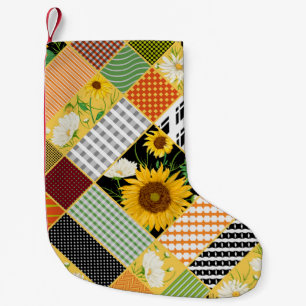 Sunflowers Chamomile, Patchwork Watercolor. Small Christmas Stocking