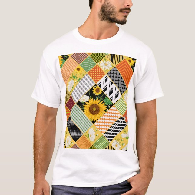 Sunflowers Chamomile, Patchwork Watercolor. T-Shirt (Front)