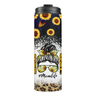 Sunflowers Cheetah Print Messy Bun Mum Life  Thermal Tumbler