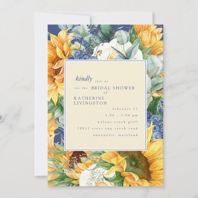 Sunflowers Cobalt blue Botanical Bridal Shower   Invitation (Front)