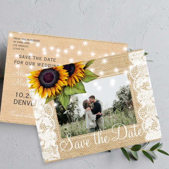 Sunflowers country burlap lace save date wedding announcement postcard (Creator Uploaded)