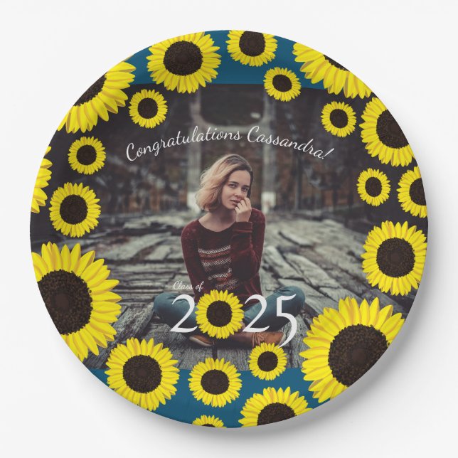 Sunflowers Country Graduation Party Blue Paper Plate (Front)