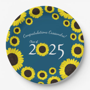 Sunflowers Country Graduation Party Blue Paper Plate