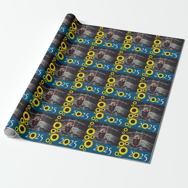 Sunflowers Country Graduation Party Blue Wrapping Paper (Unrolled)