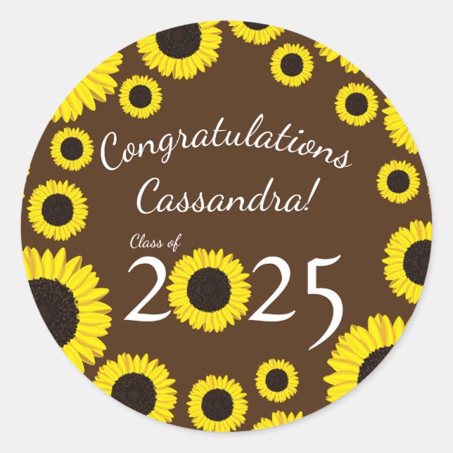 Sunflowers Country Graduation Party Brown Classic Round Sticker (Front)