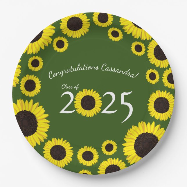Sunflowers Country Graduation Party Green Paper Plate (Front)