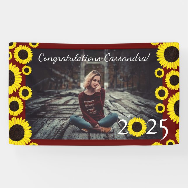 Sunflowers Country Graduation Party Maroon Banner (Horizontal)