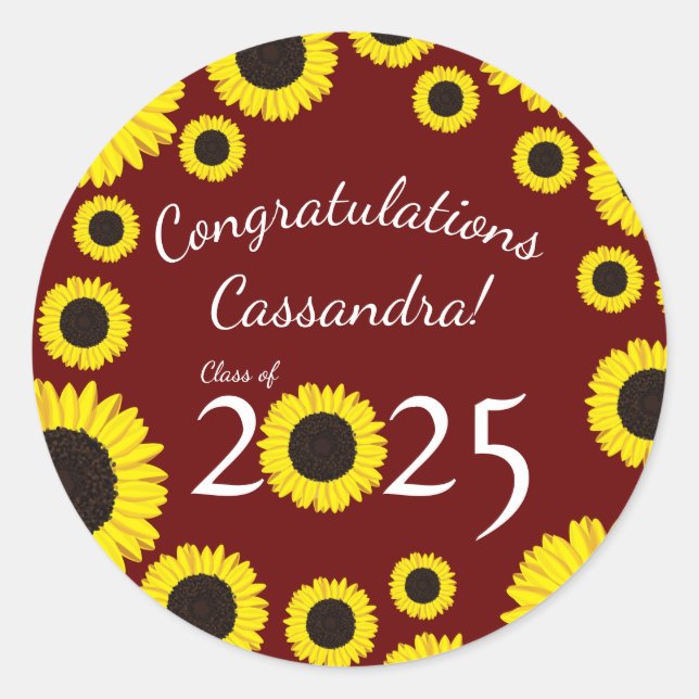 Sunflowers Country Graduation Party Maroon Classic Round Sticker (Front)