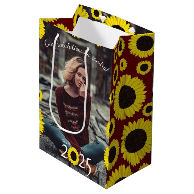 Sunflowers Country Graduation Party Maroon Medium Gift Bag (Front Angled)