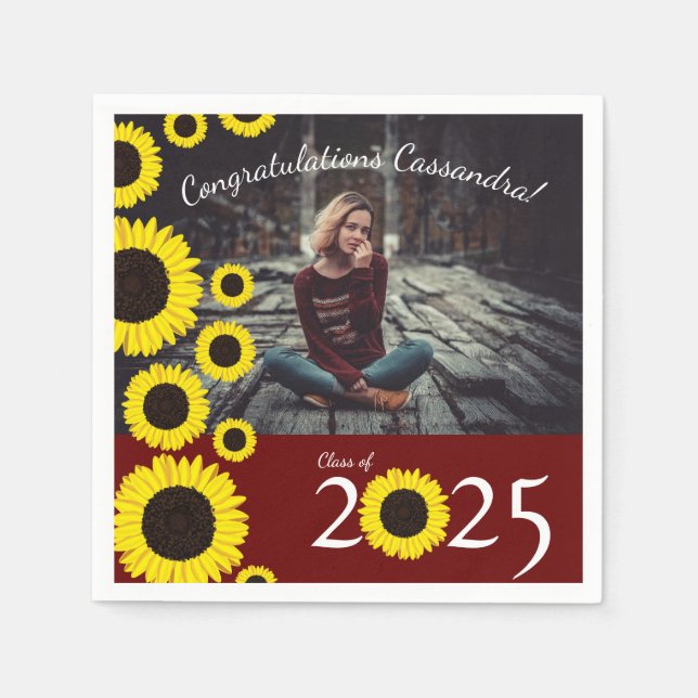 Sunflowers Country Graduation Party Maroon Napkin (Front)