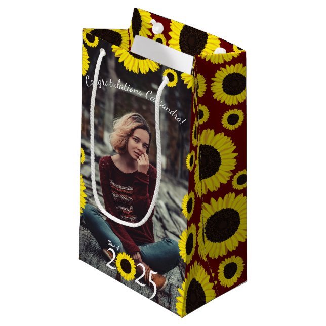 Sunflowers Country Graduation Party Maroon Small Gift Bag (Front Angled)