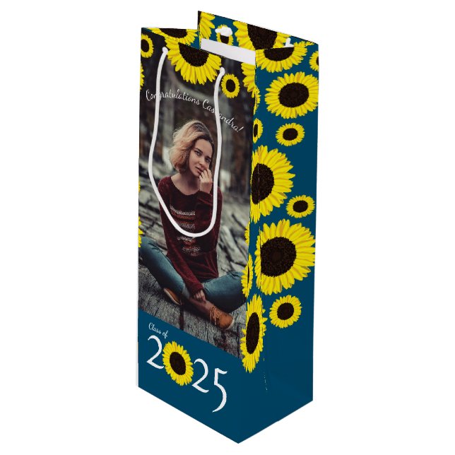 Sunflowers Country Graduation Party Wine Gift Bag (Front Angled)