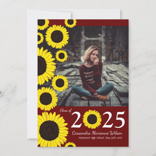Sunflowers Country Maroon Graduation Announcement (Front)