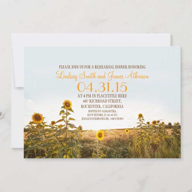 Sunflowers country rustic rehearsal dinner invite (Front)