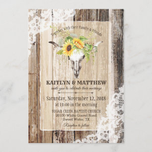 Sunflowers Cow Skull Barn Wood Rustic Wedding Invitation