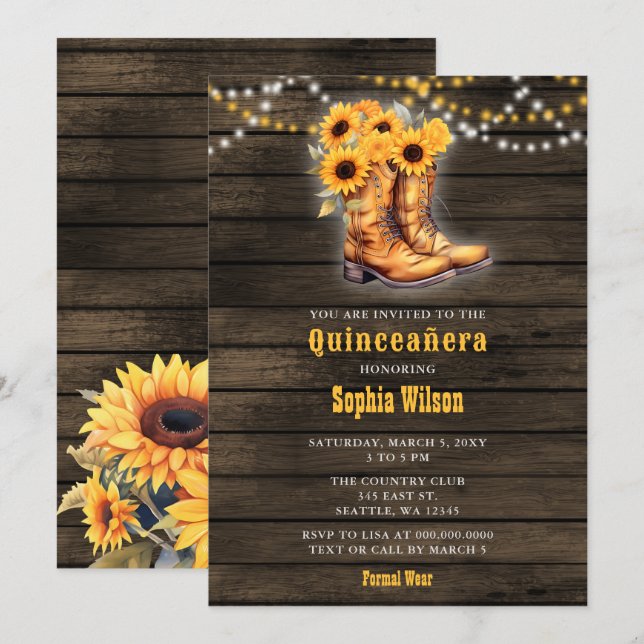 Sunflowers Cowboy Boots Barn Wood Quinceañera Invitation (Front/Back)