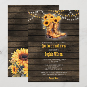 Sunflowers Cowboy Boots Barn Wood Quinceañera Invitation