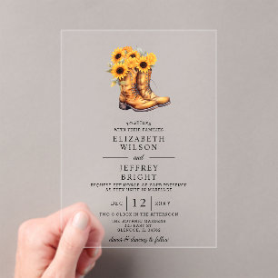Sunflowers Cowboy Boots Barn Wood Western Wedding Acrylic Invitations